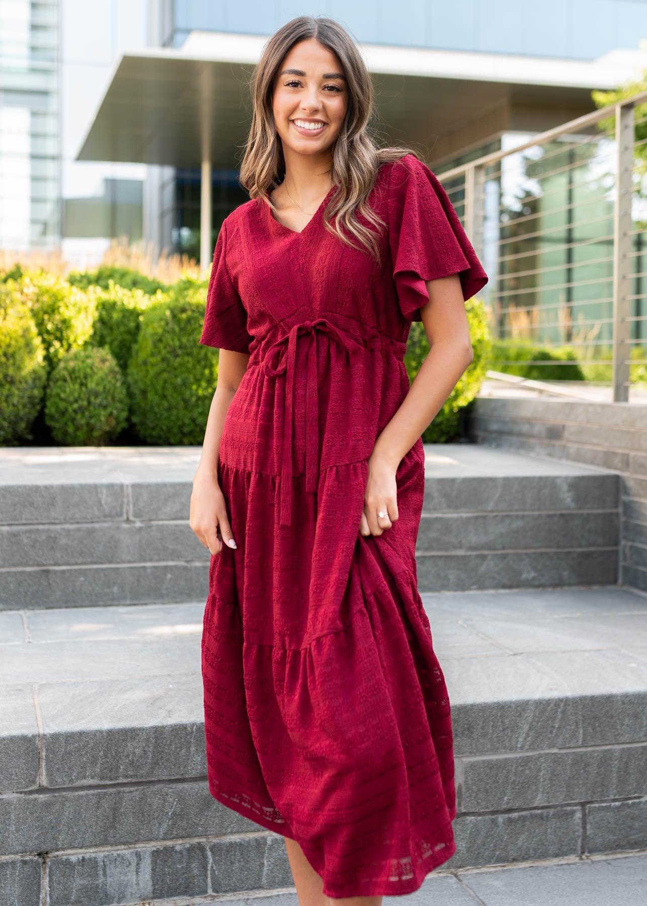 Alana Maroon Textured Tie Dress
