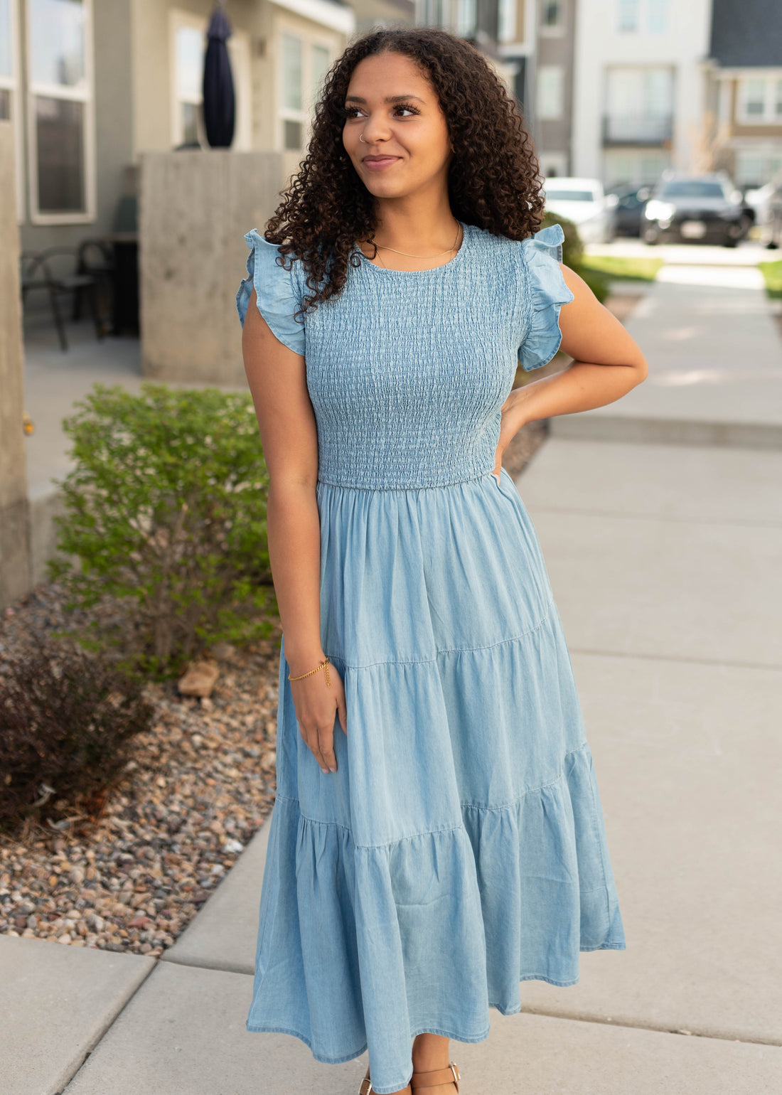 Alease Chambray Tiered Dress