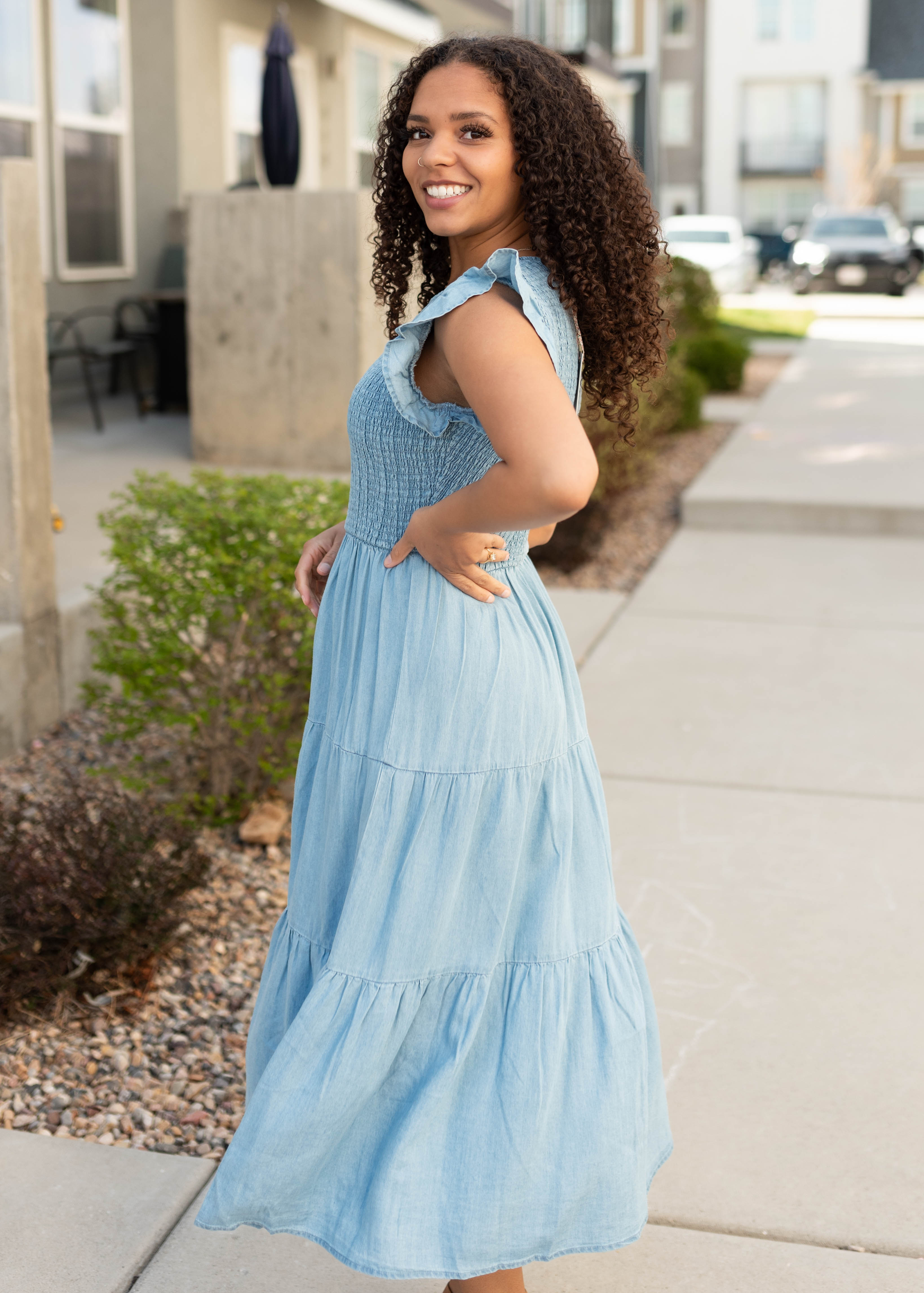 Alease Chambray Tiered Dress