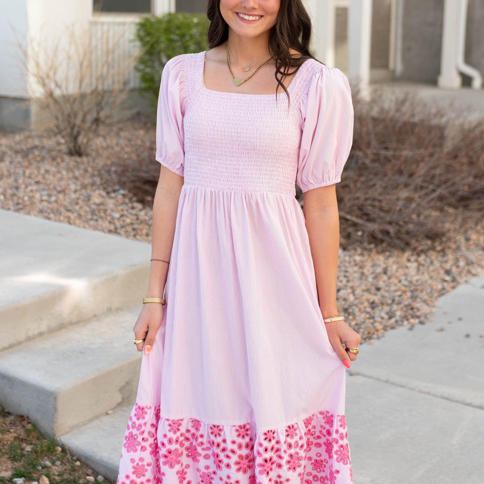 Amaiah Pink Stripe Eyelet Dress