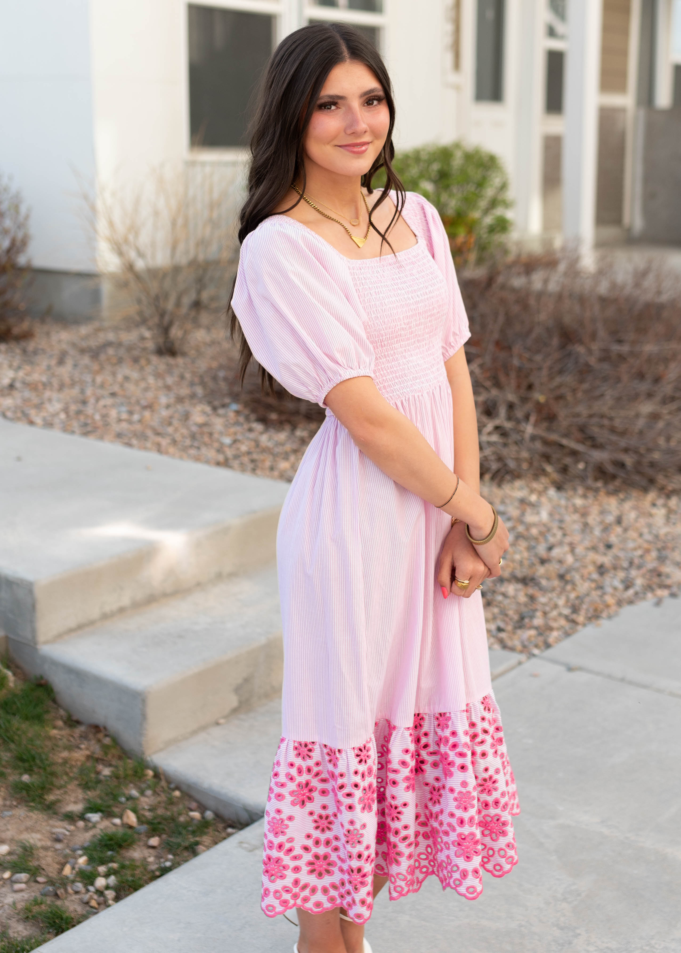 Amaiah Pink Stripe Eyelet Dress