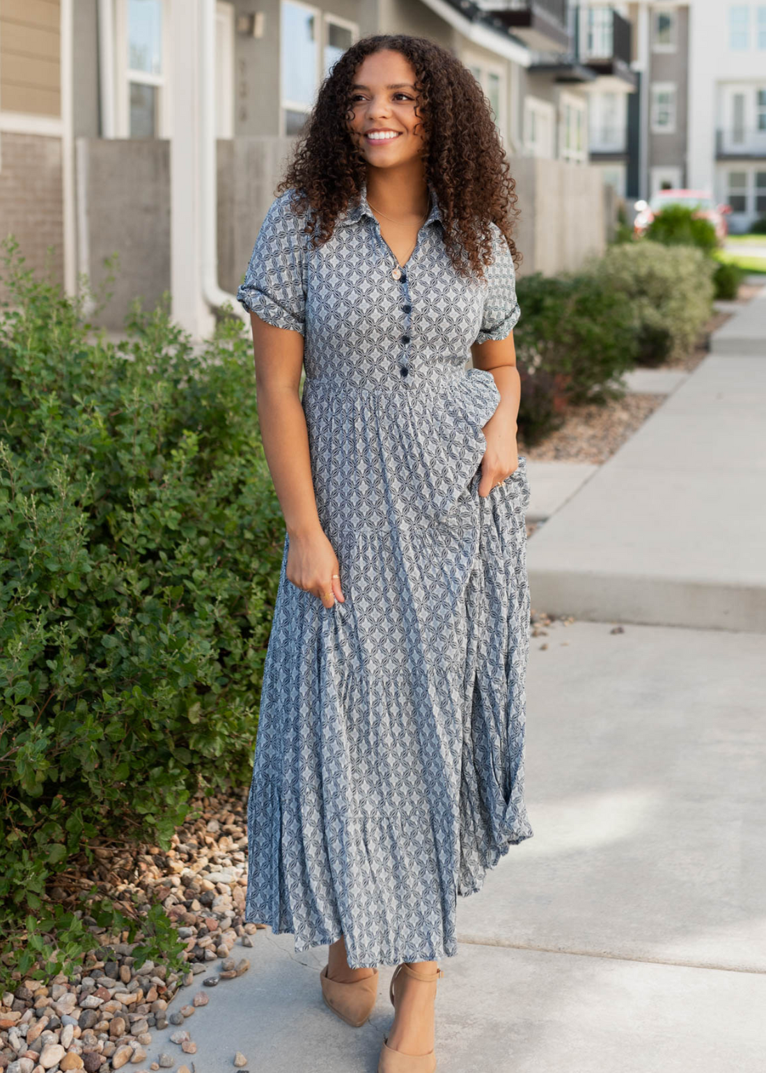 Amberly Navy Pattern Tiered Dress
