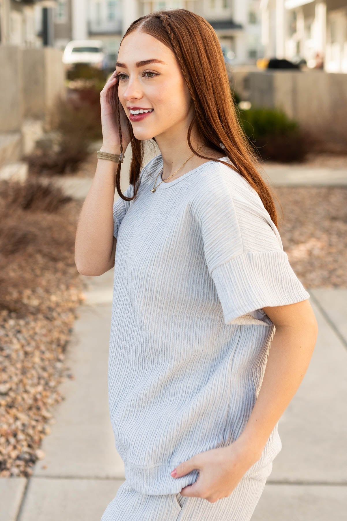 Amiee Sage Grey Textured Top