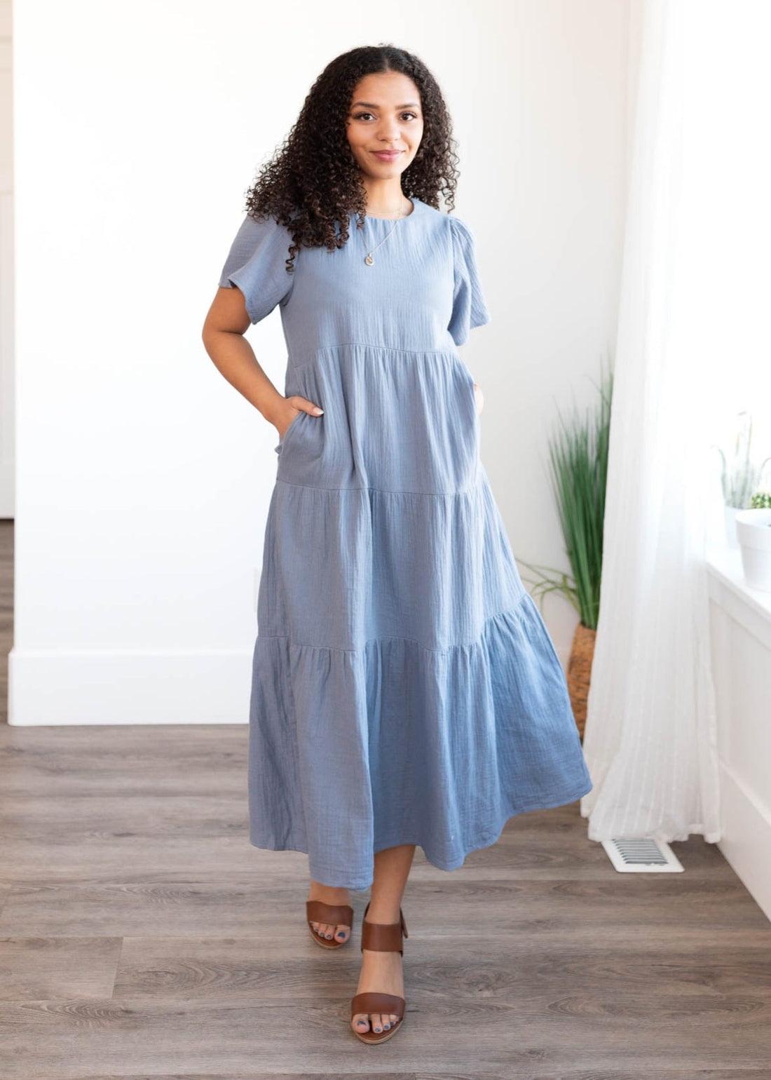 Analicia Blue Gauze Tiered Dress