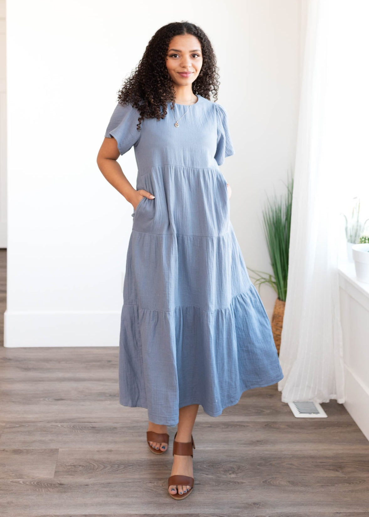 Analicia Blue Gauze Tiered Dress