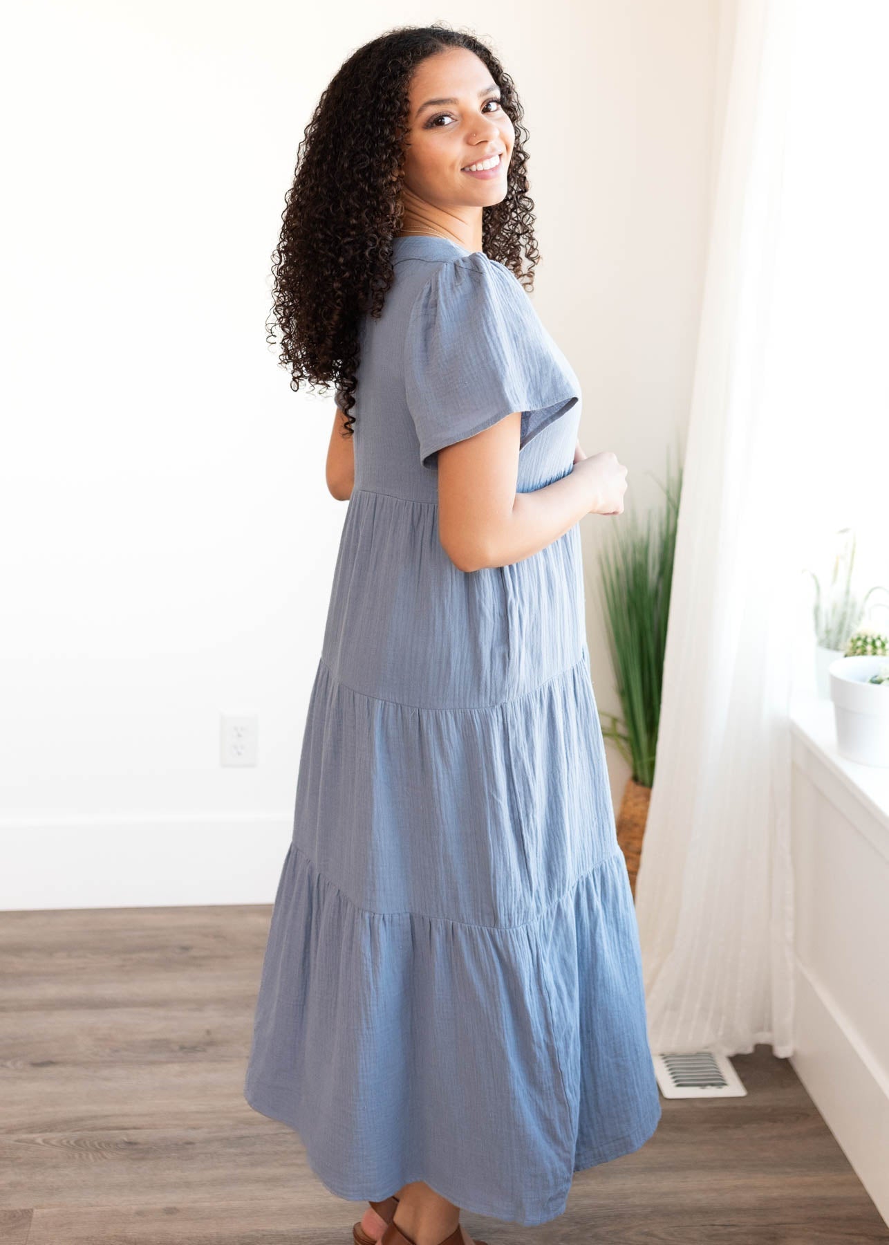 Analicia Blue Gauze Tiered Dress