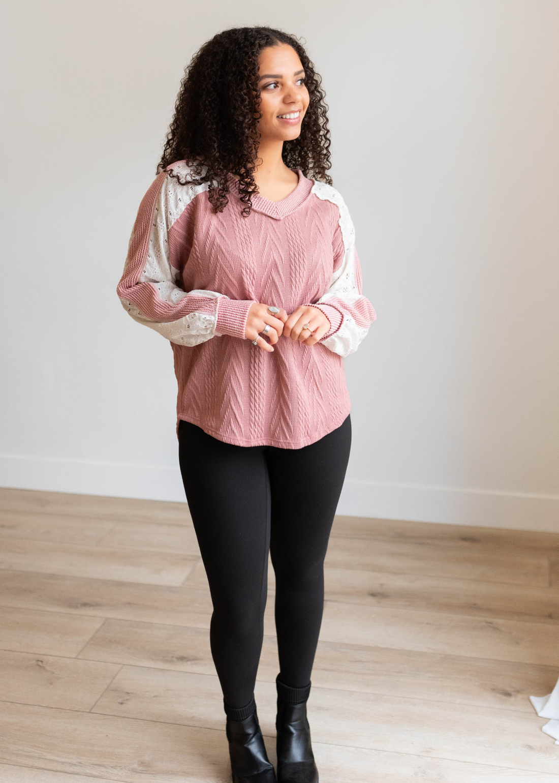 Andrea Mauve Lace Sleeve Pullover