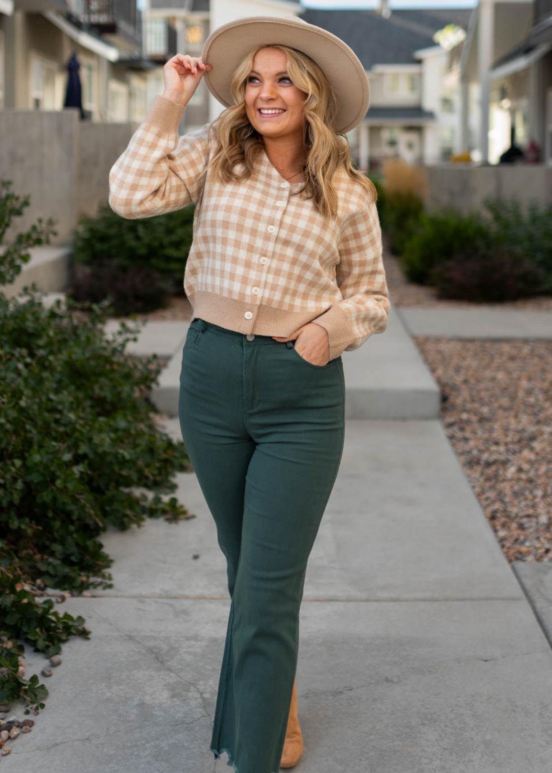 Anissa Taupe Checkered Button Cardigan