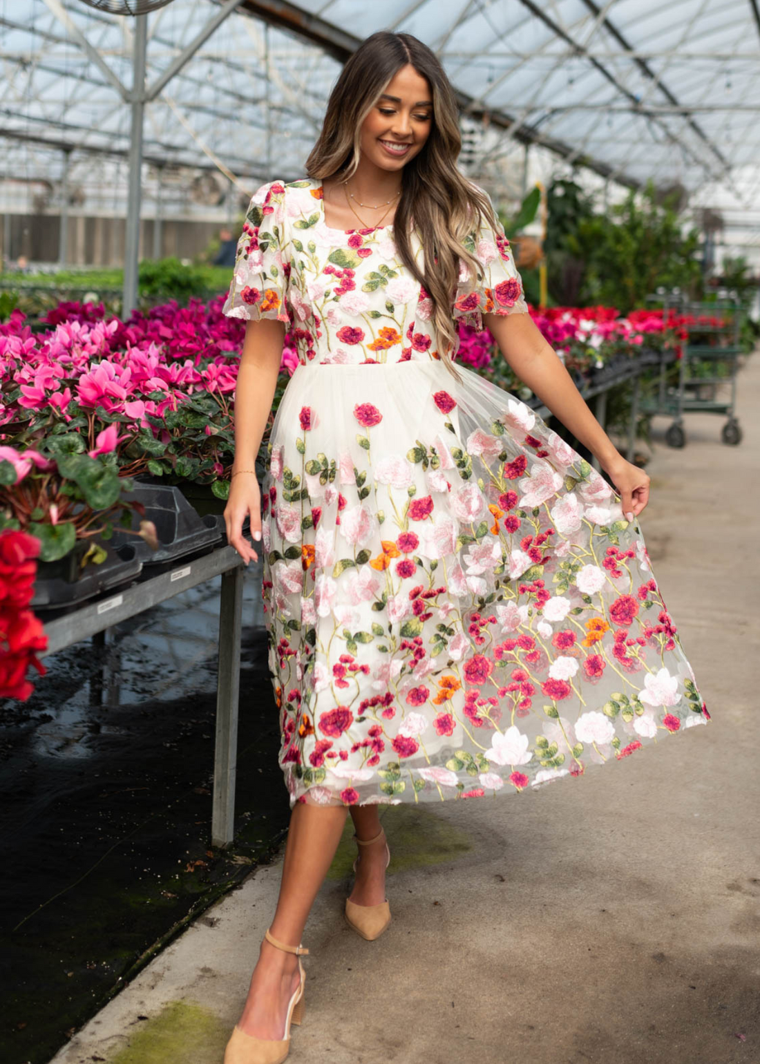 April Magenta Floral Embroidered Mesh Dress