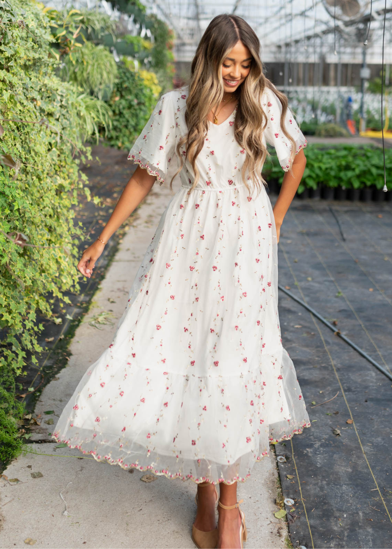 Arabella Ivory Embroidered Floral Dress