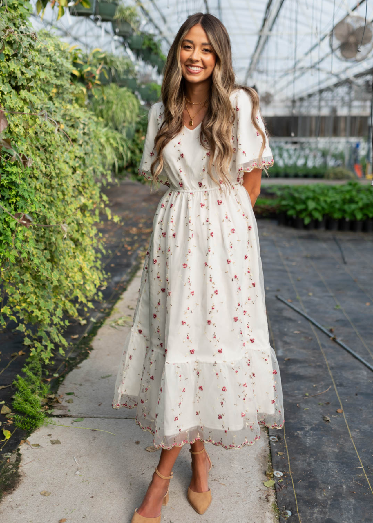 Arabella Ivory Embroidered Floral Dress