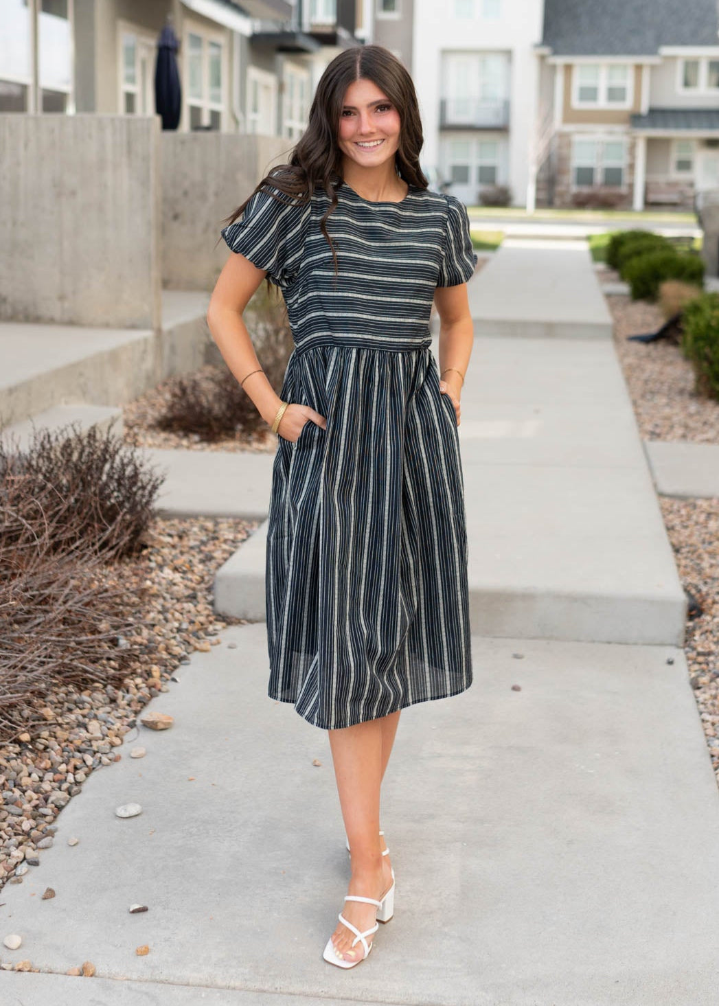 Aria Navy Jacquard Stripe Dress