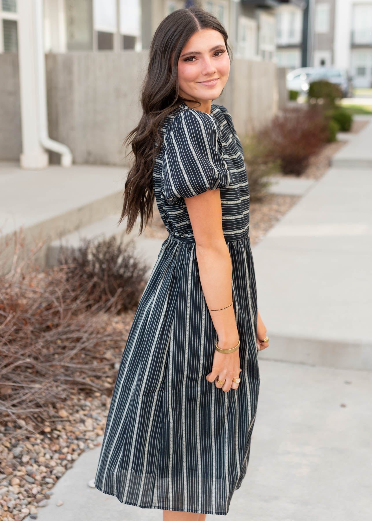 Aria Navy Jacquard Stripe Dress