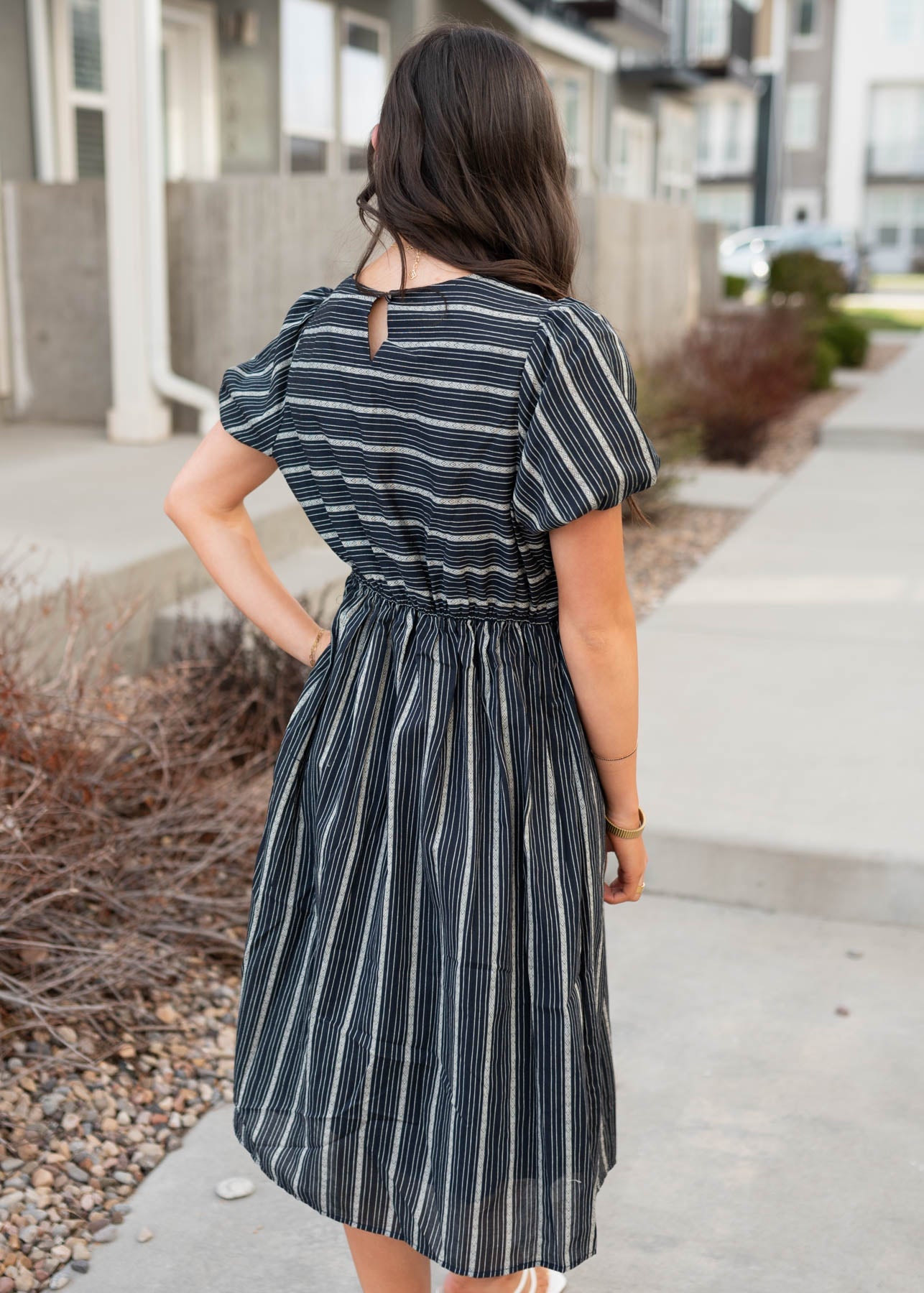 Aria Navy Jacquard Stripe Dress