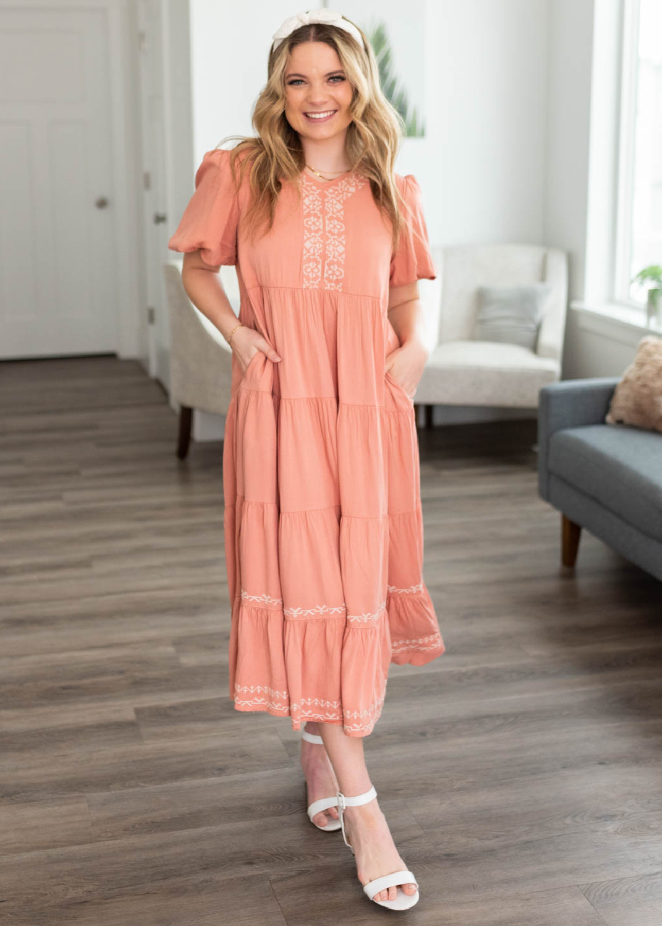 Ariana Dusty Pink Embroidered Tiered Dress