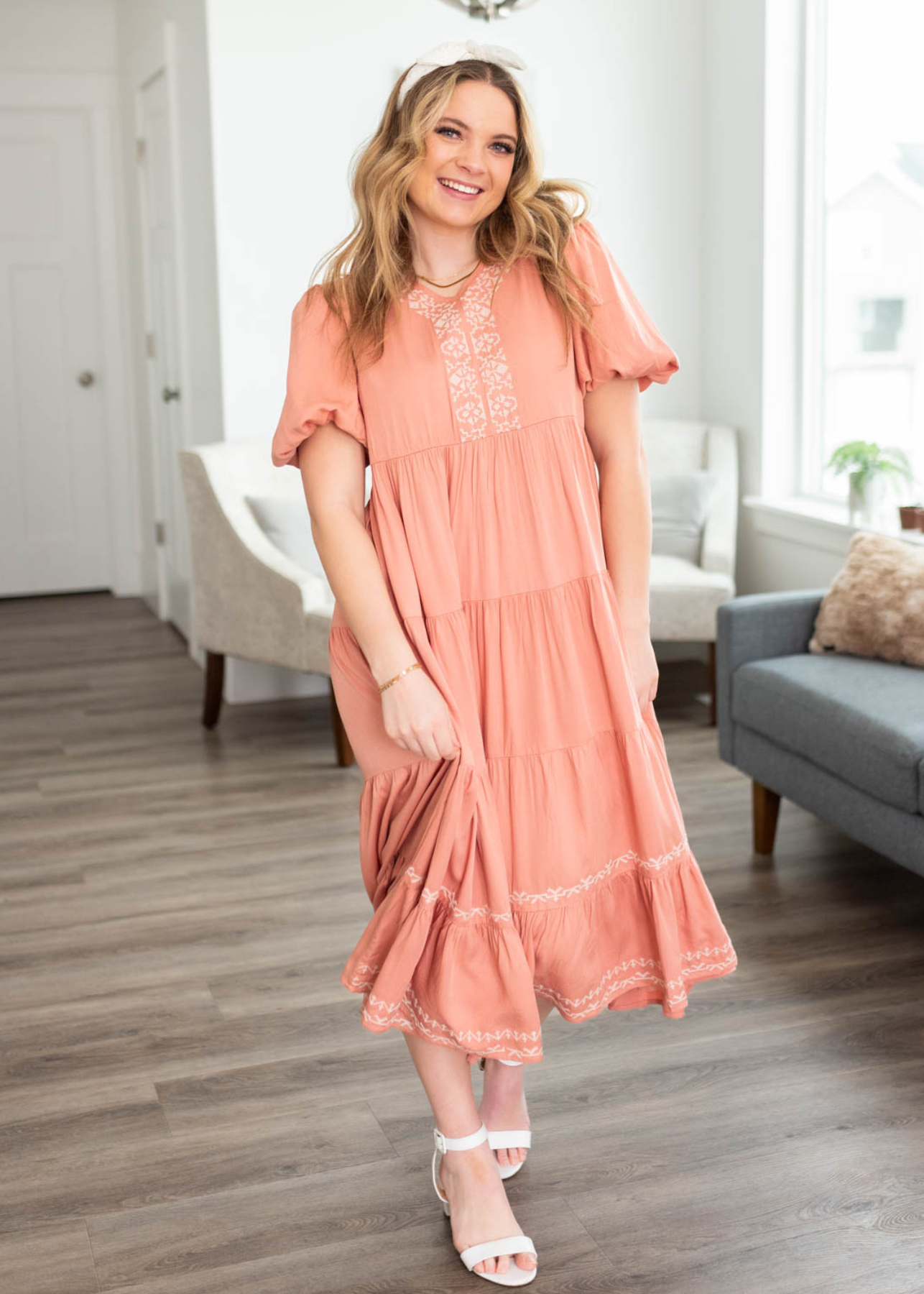 Ariana Dusty Pink Embroidered Tiered Dress