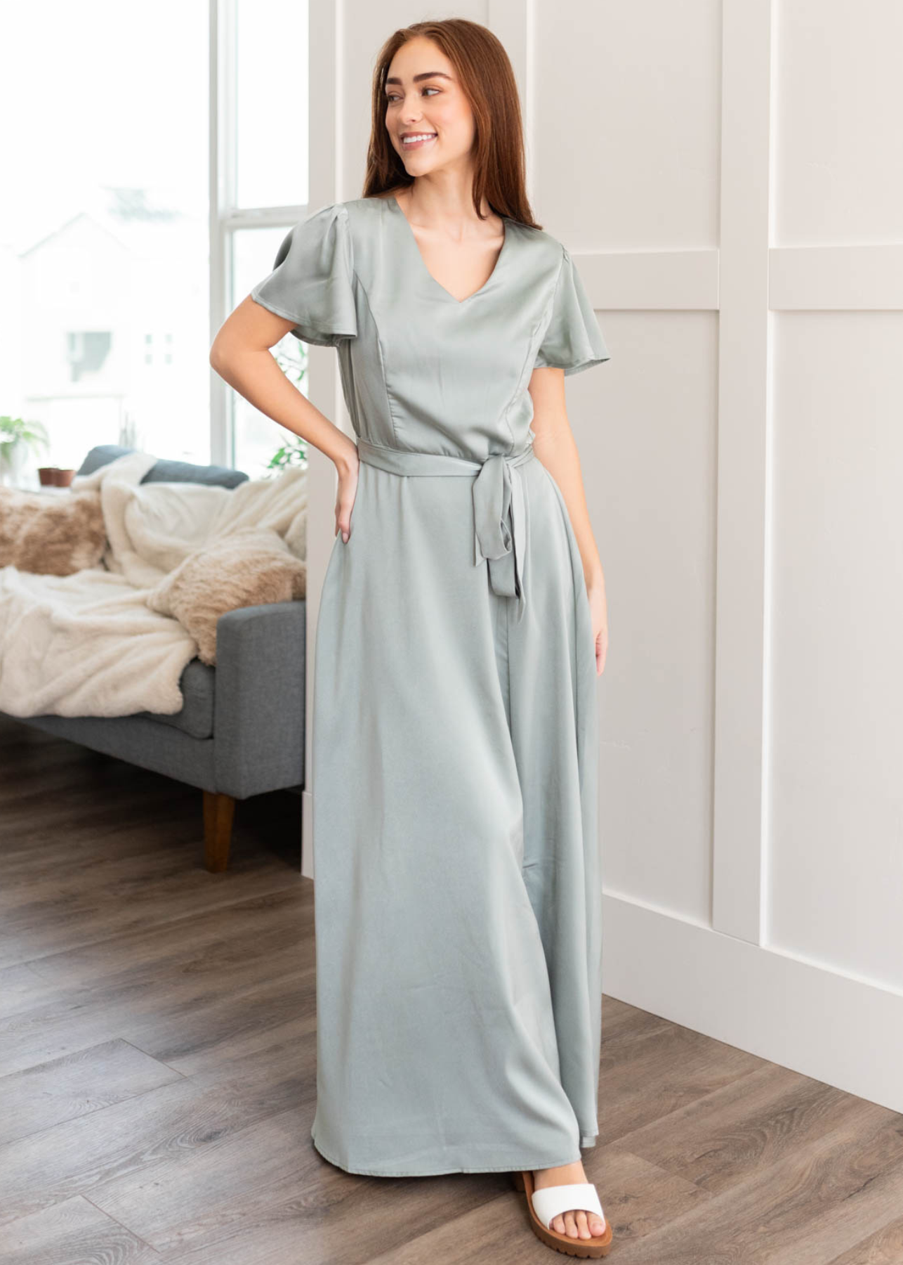 Asha Sage Satin Dress
