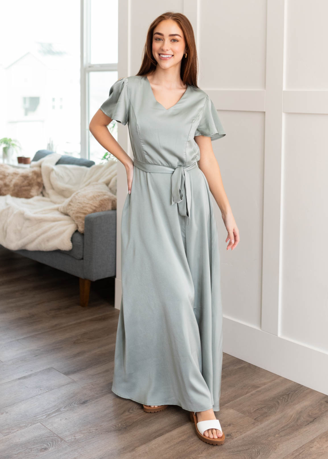 Asha Sage Satin Dress