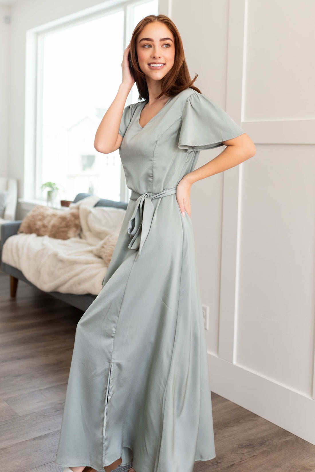 Asha Sage Satin Dress