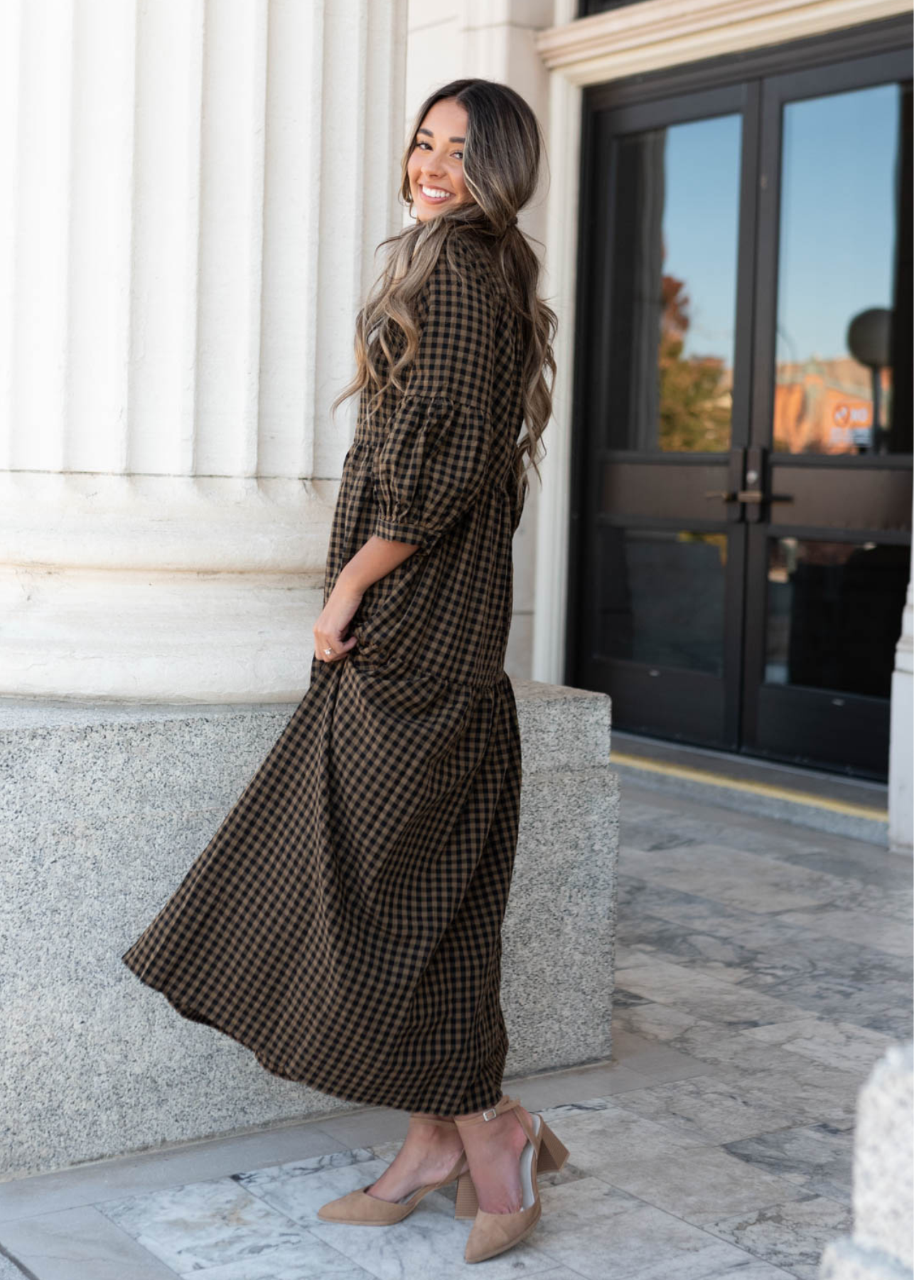 Ashlin Brown Gingham Tiered Dress