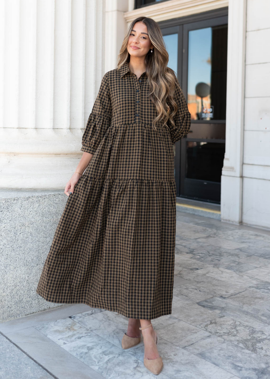 Ashlin Brown Gingham Tiered Dress