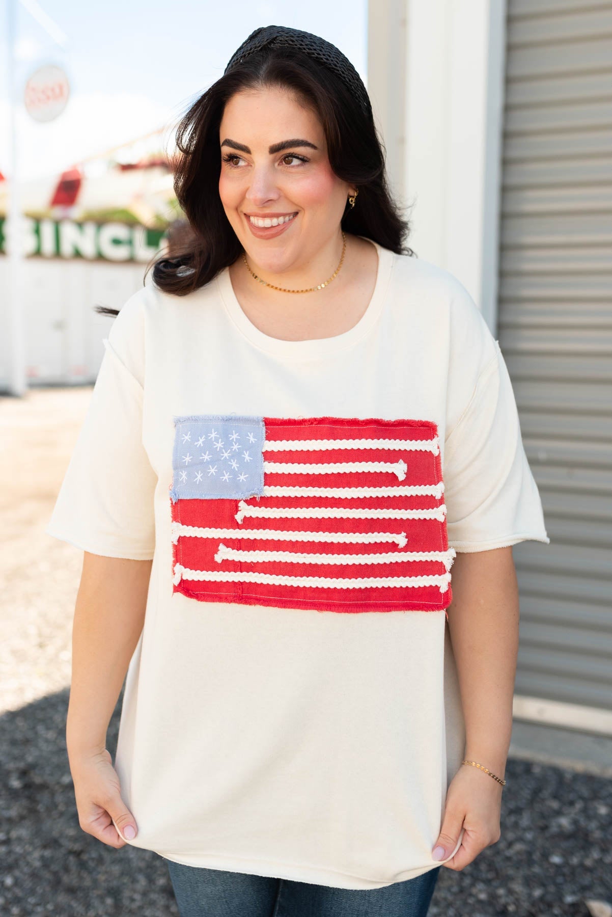 Betsy Ivory American Flag Patch Top