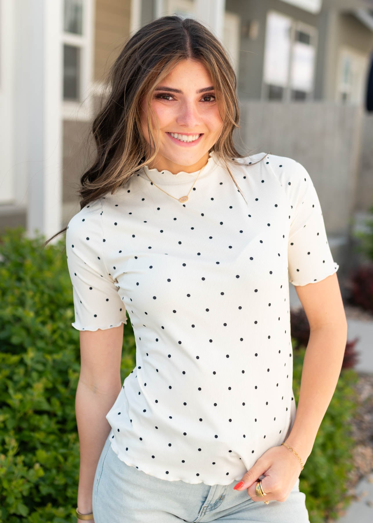 Brendie Cream Polka Dot Ribbed Top