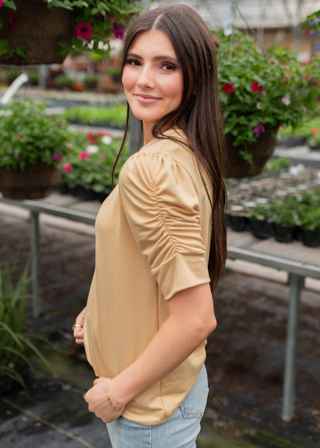 Britton Light Tan Ruffle Sleeve Top