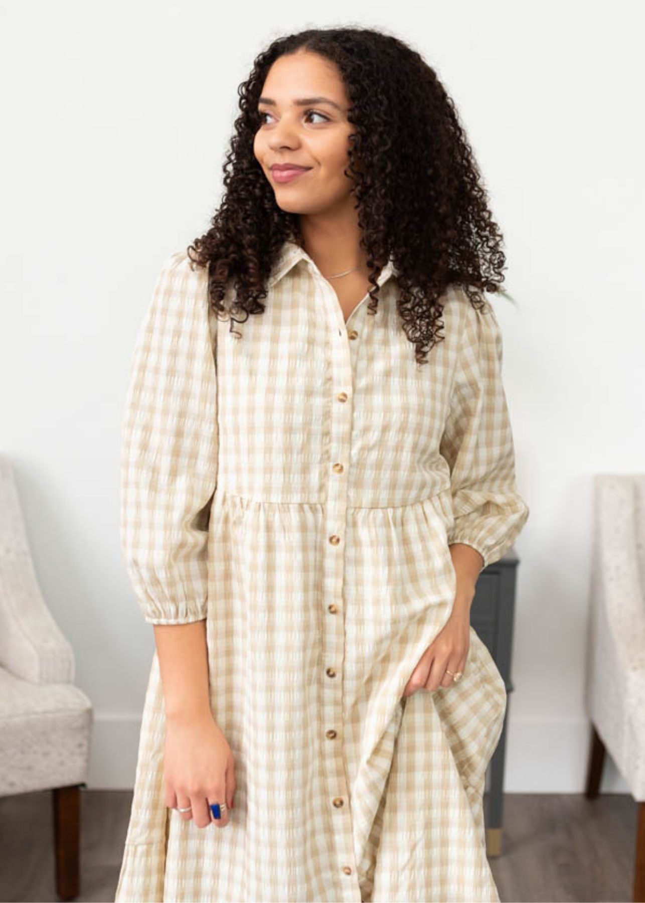 Cambree Taupe Gingham Button Down Dress