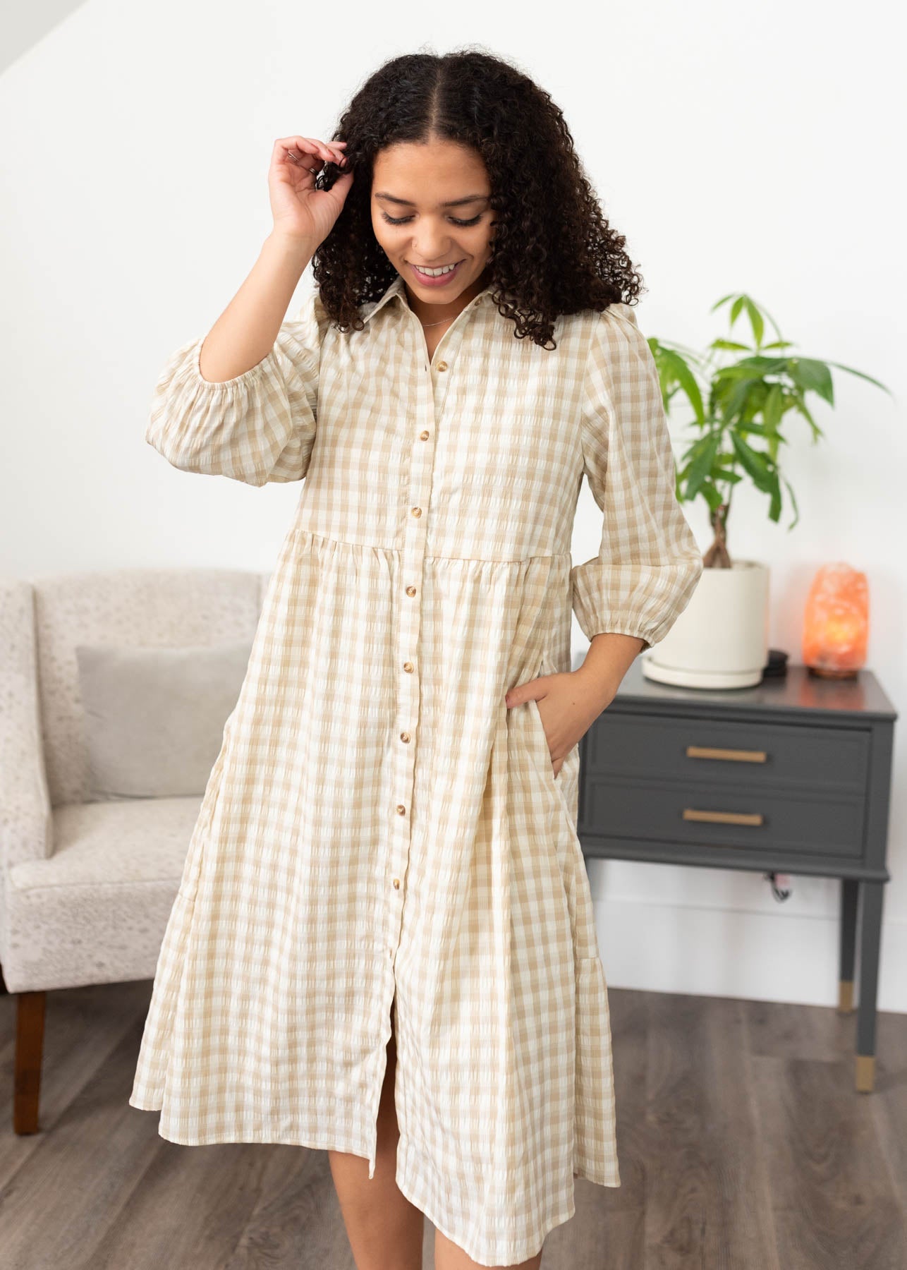 Cambree Taupe Gingham Button Down Dress