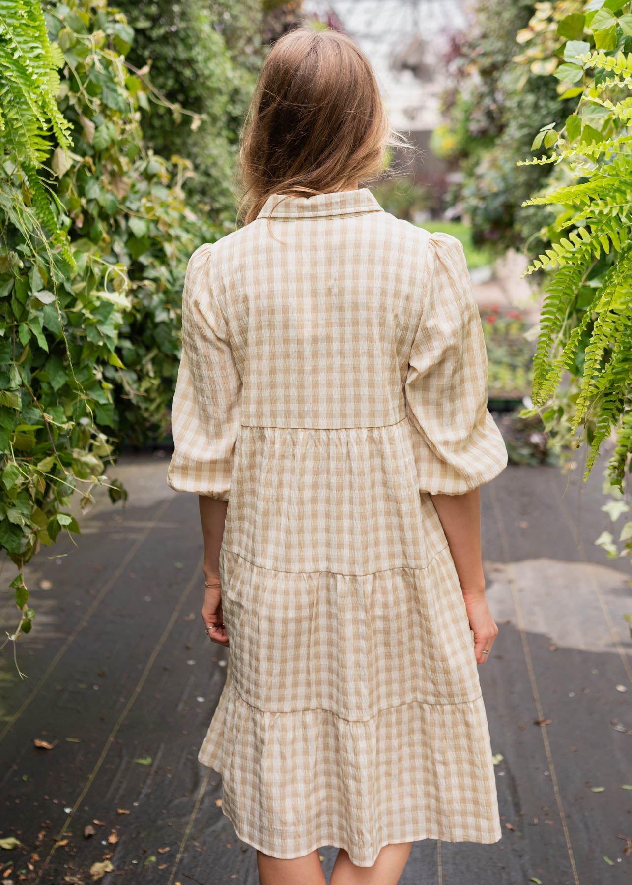 Cambree Taupe Gingham Button Down Dress