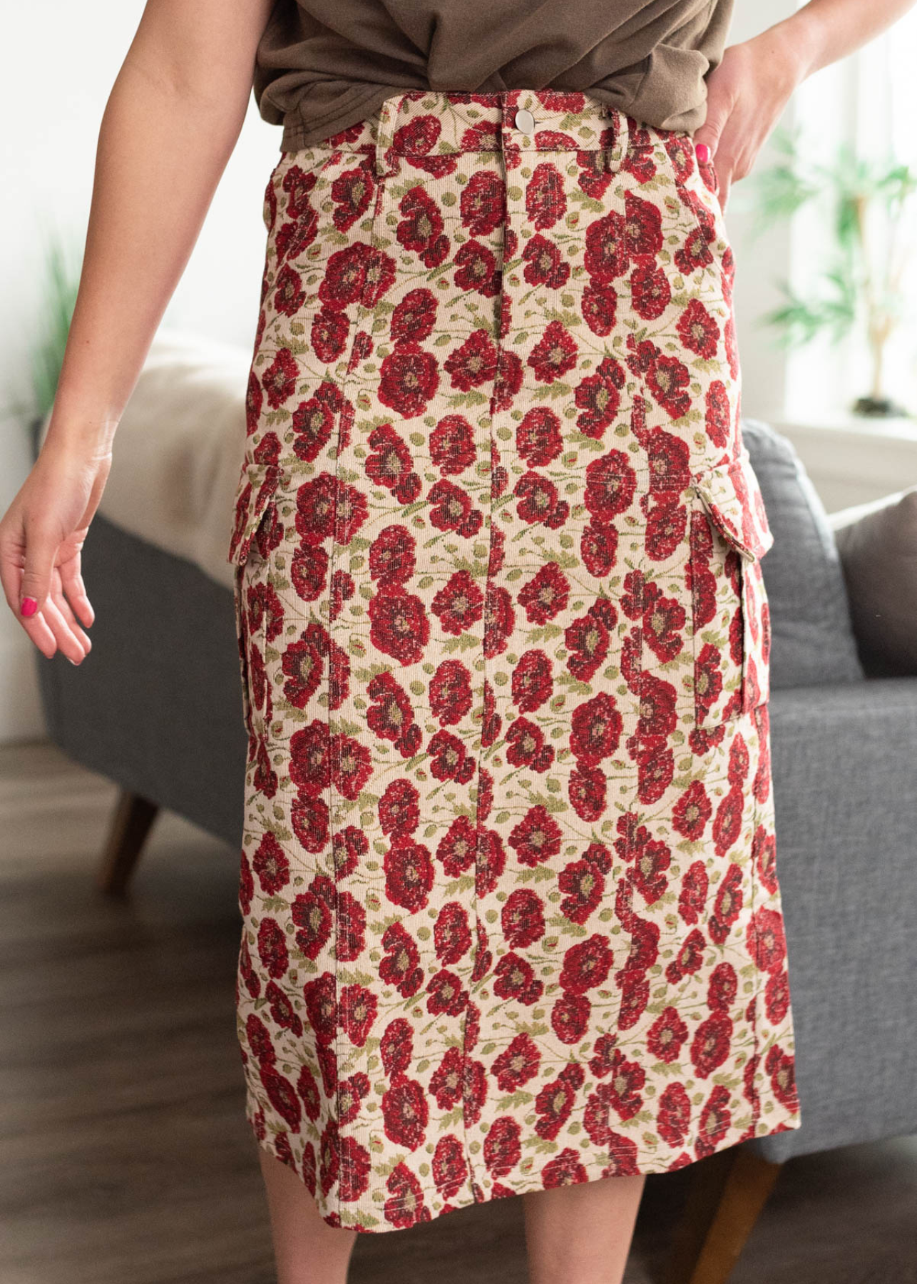 Candace Red Floral Cargo Skirt