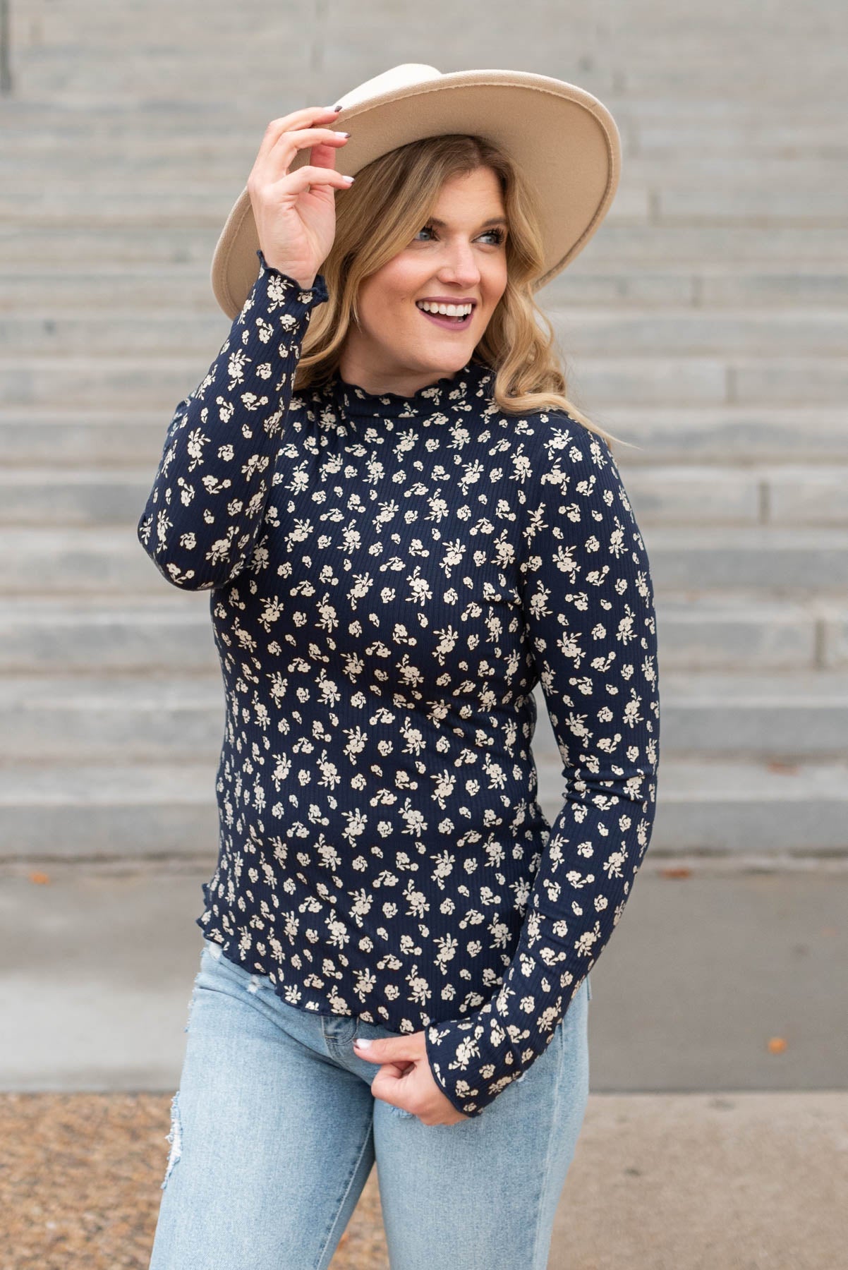 Cara Navy Flower Print Long Sleeve Top