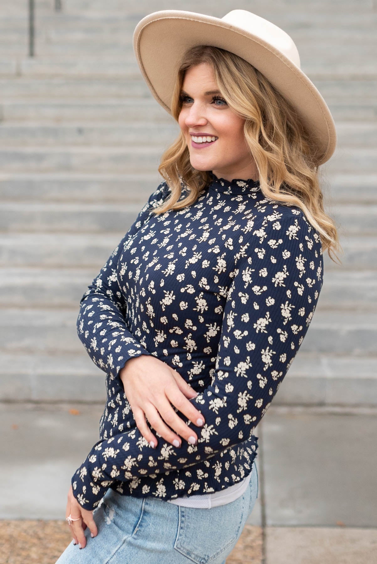 Cara Navy Flower Print Long Sleeve Top