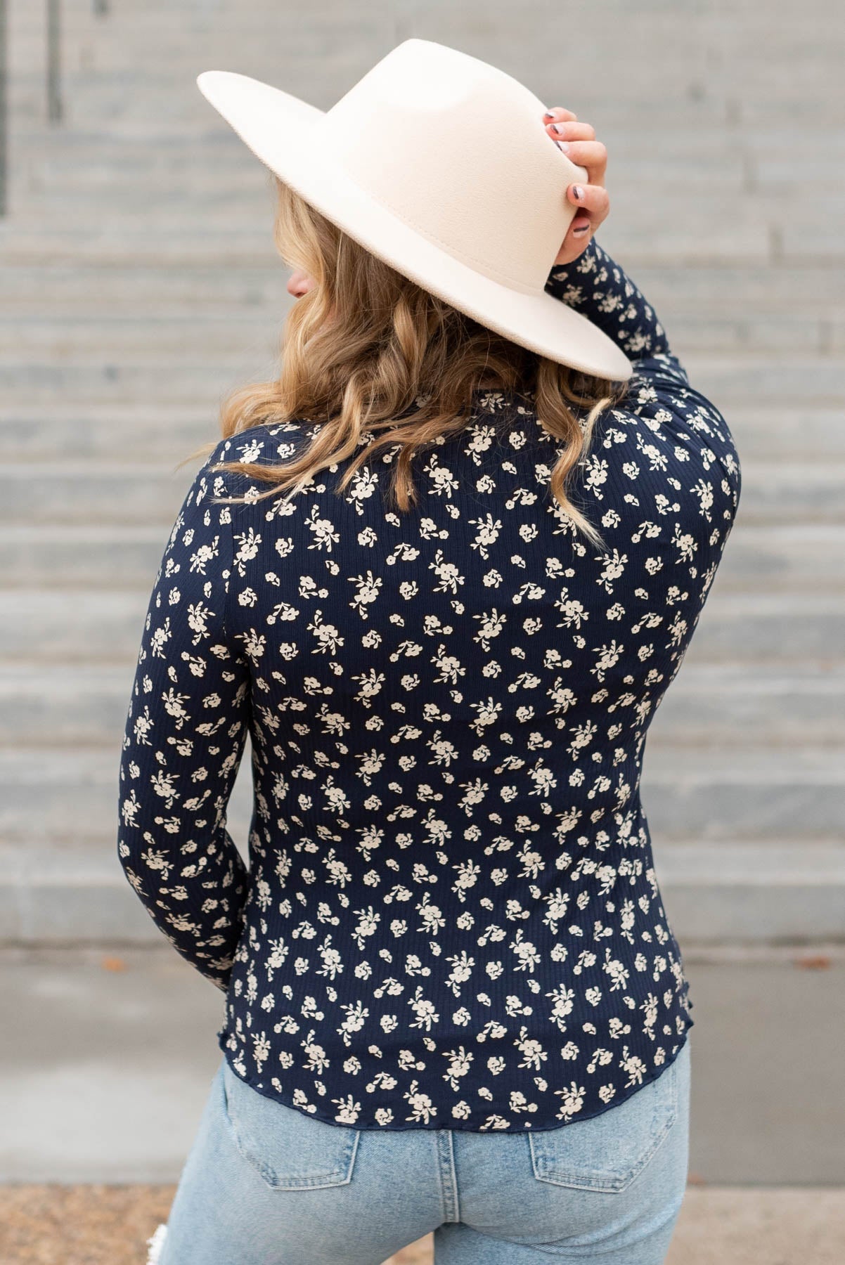 Cara Navy Flower Print Long Sleeve Top