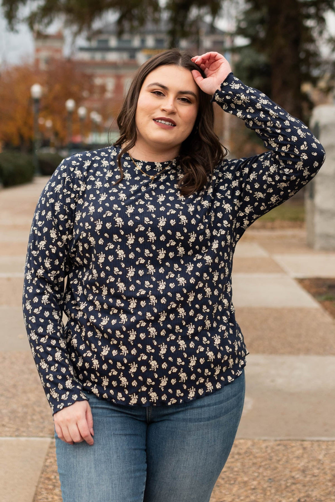 Cara Navy Flower Print Long Sleeve Top