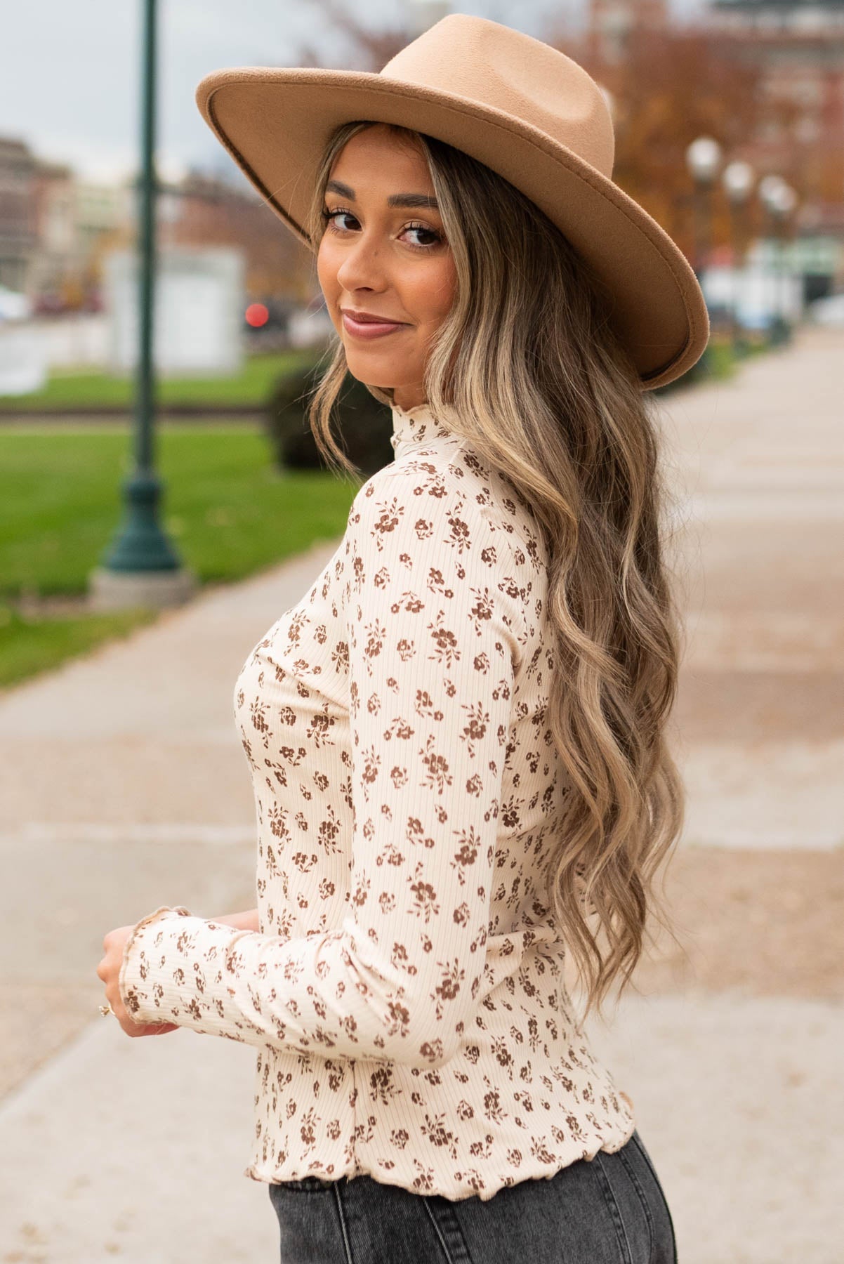 Cara Sand Flower Print Long Sleeve Top