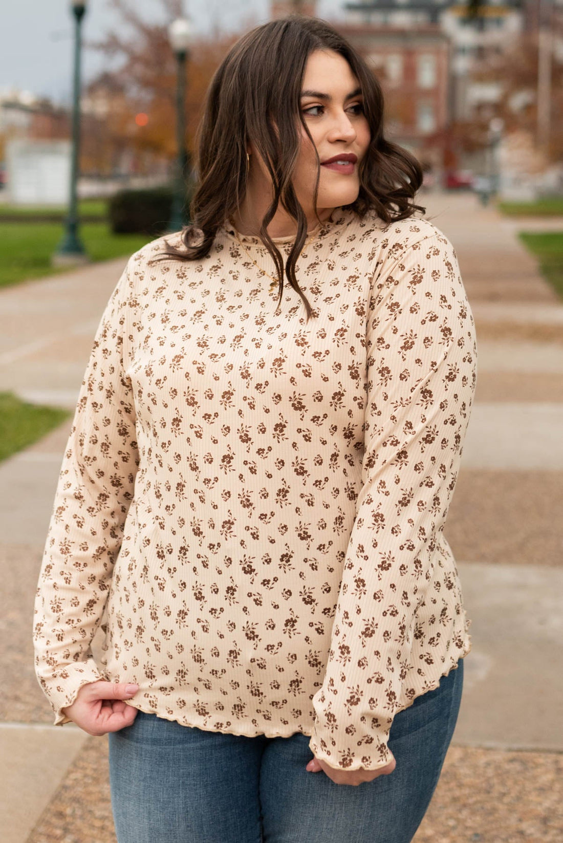 Cara Sand Flower Print Long Sleeve Top