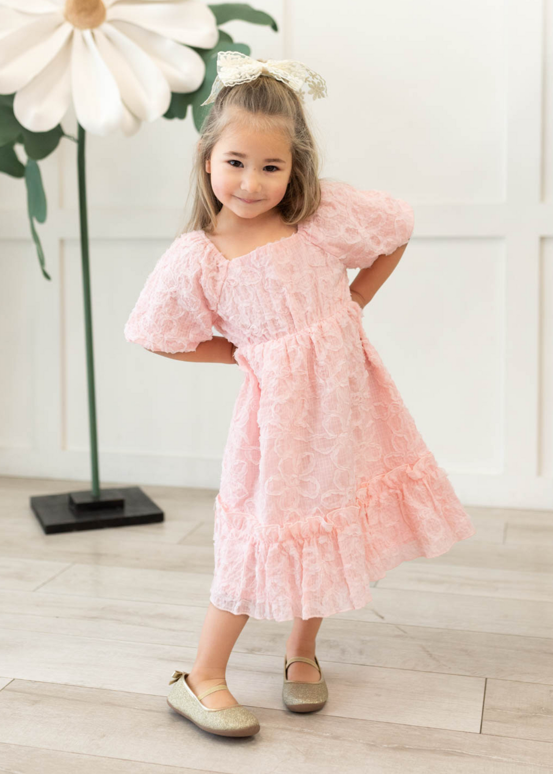 Carlee Pink Floral Textured Little Girl Dress