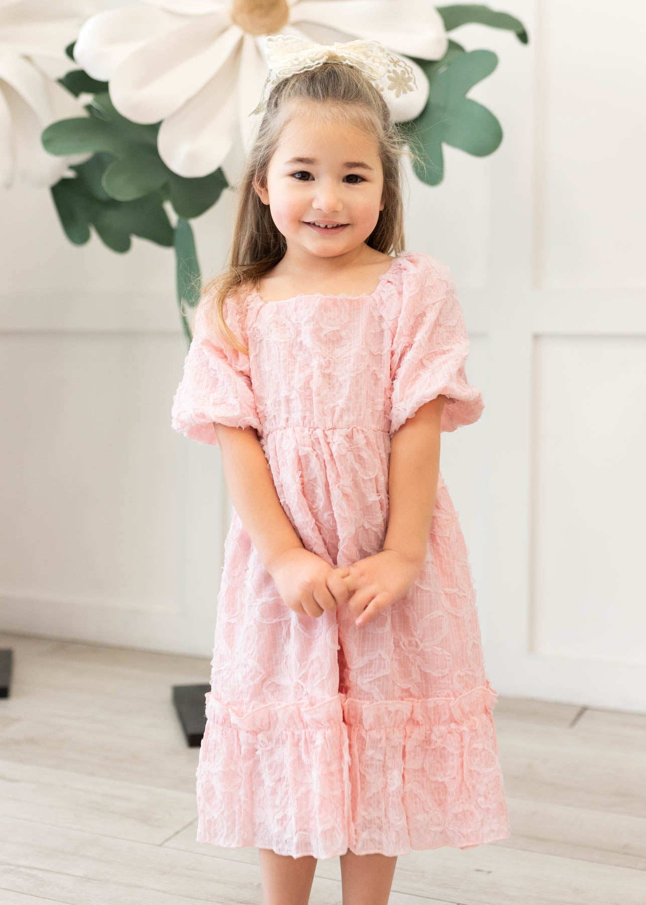 Carlee Pink Floral Textured Little Girl Dress