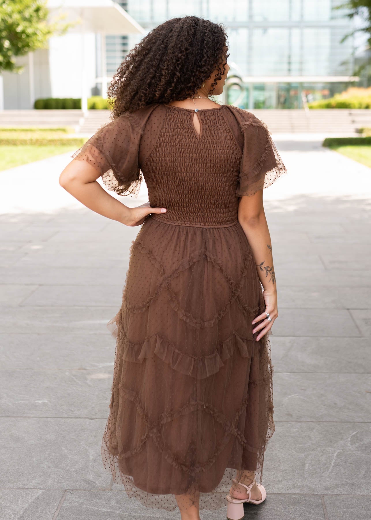 Carly Brown Smocked Ruffle Dress