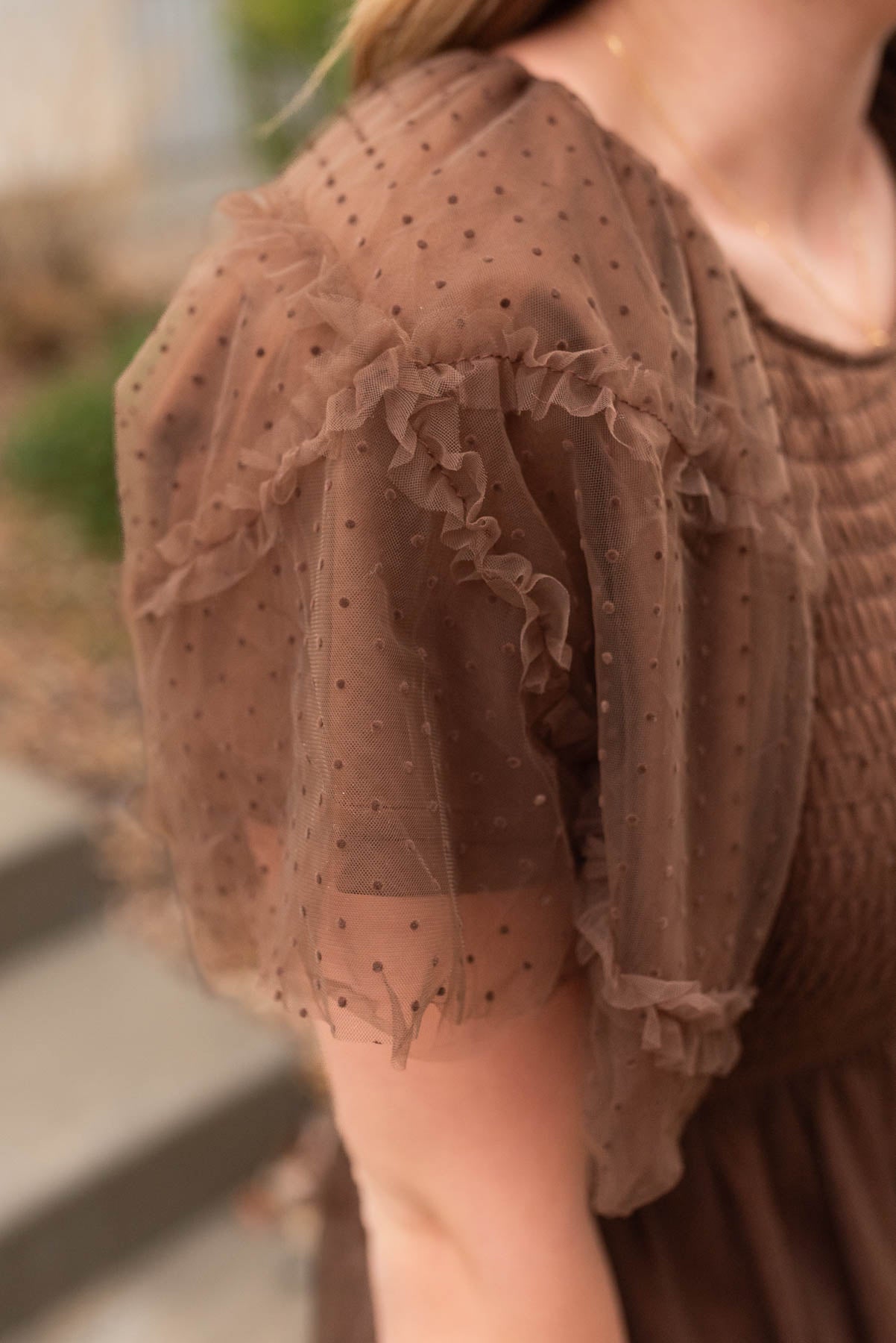 Carly Brown Smocked Ruffle Dress