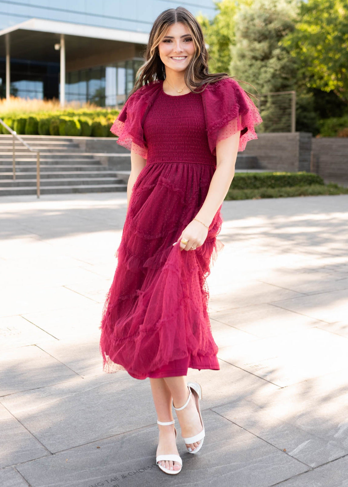 Carly Burgundy Smocked Ruffle Dress