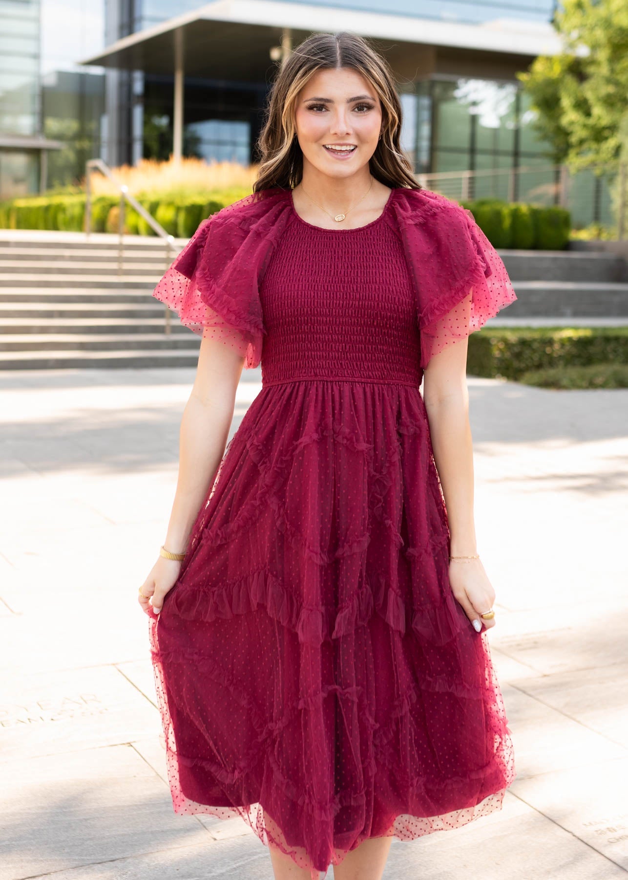 Carly Burgundy Smocked Ruffle Dress