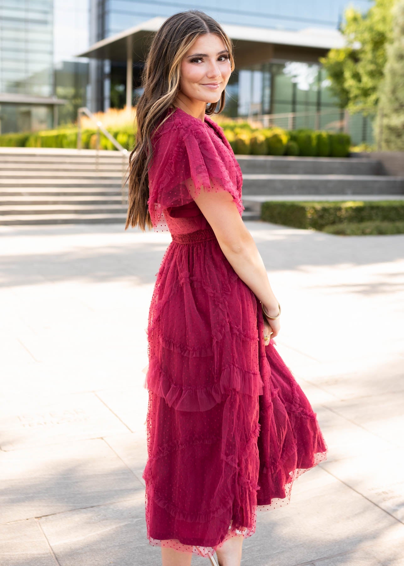 Carly Burgundy Smocked Ruffle Dress
