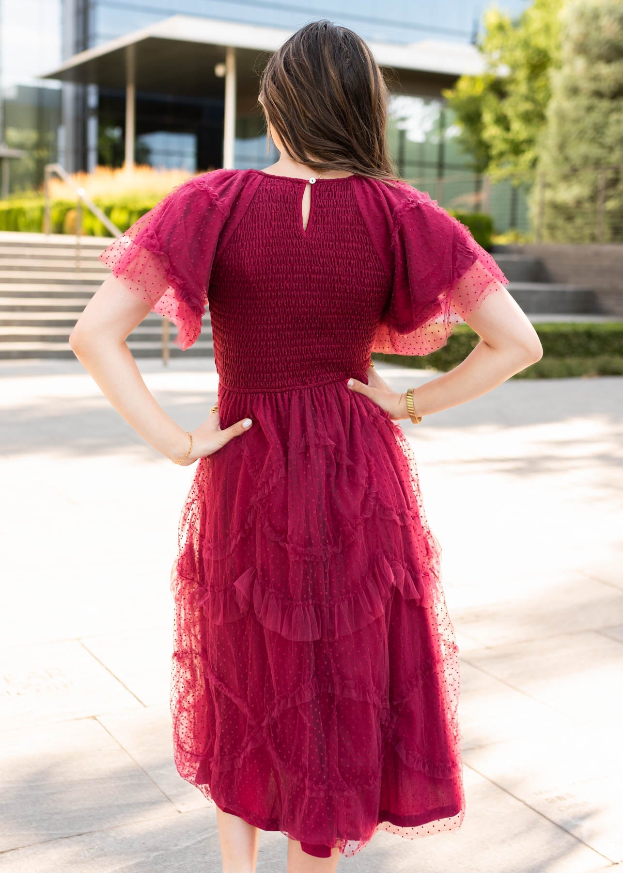 Carly Burgundy Smocked Ruffle Dress