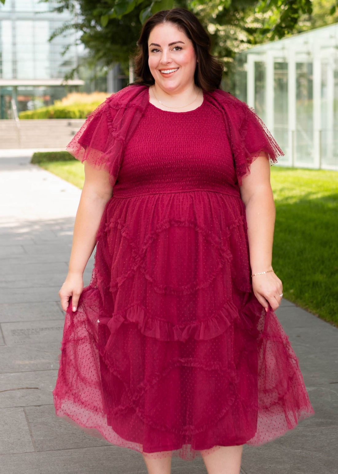 Carly Burgundy Smocked Ruffle Dress