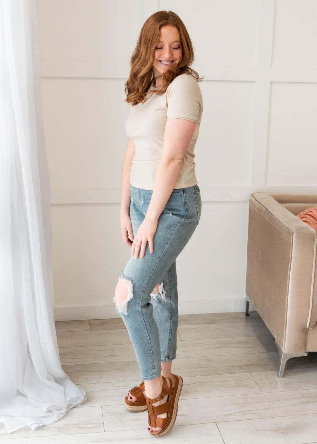 Cassie Oatmeal Lace Trim Ribbed Top