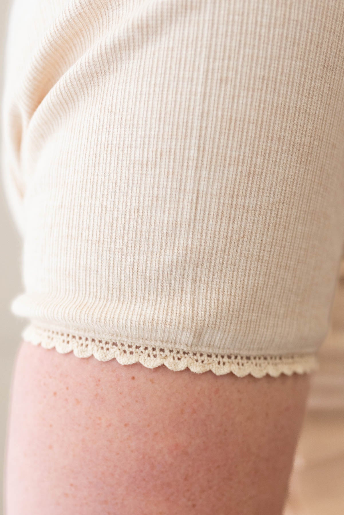 Cassie Oatmeal Lace Trim Ribbed Top