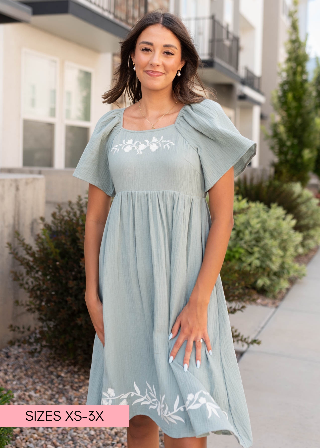 Clarisse Light Sage Embroidered Dress